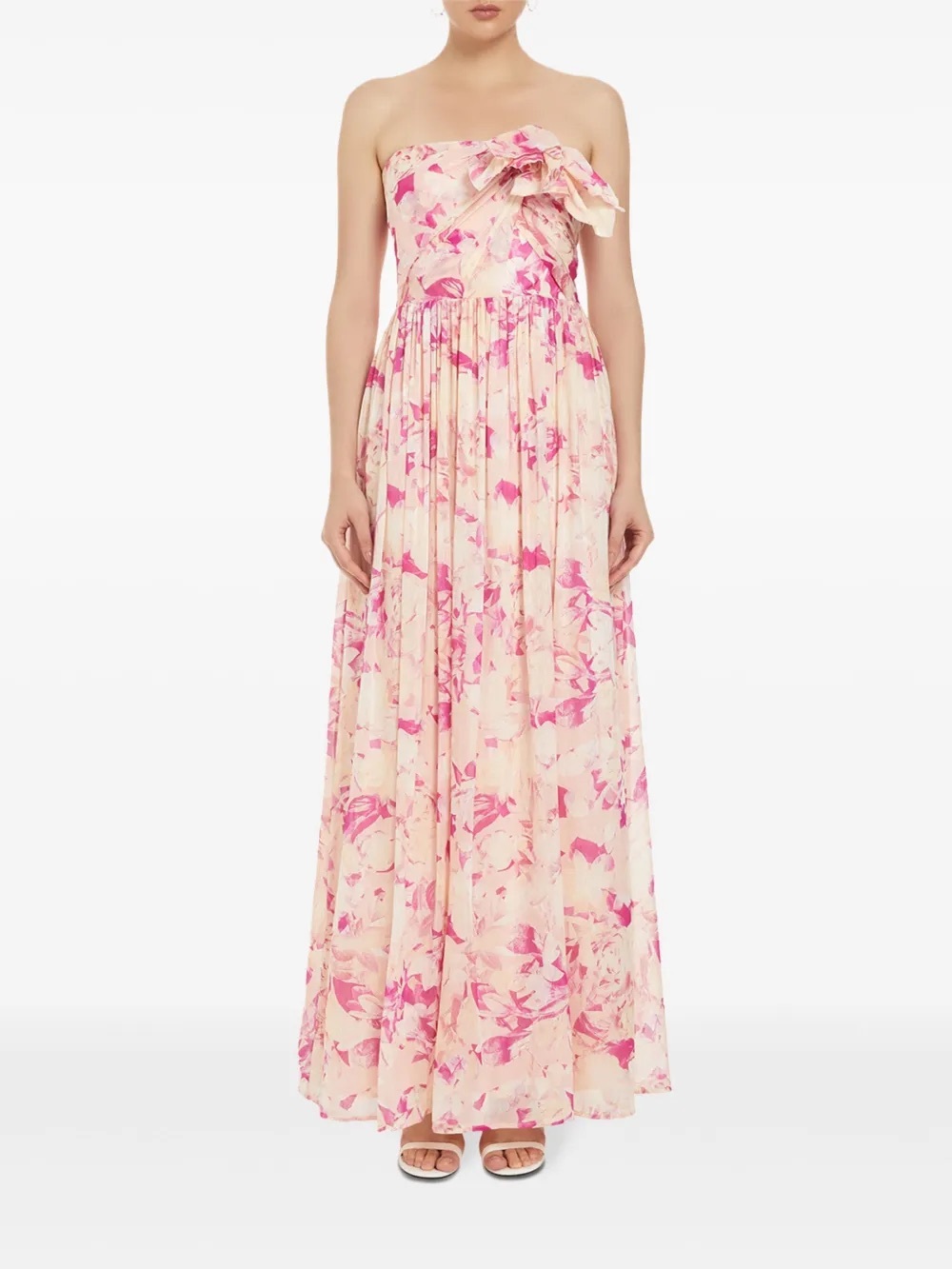 Monique Lhuillier Marlee Strapless Floral Maxi Dress in Pink and Cream